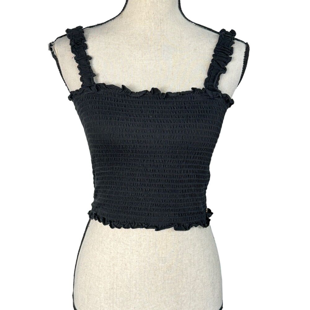 GUESS Medium Cropped Top Smocked Wide Shoulder Straps Stretch Ruffled Black